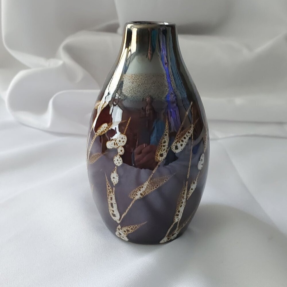 VTG Ceramic 5" Vase With Metallic Finish Brown with Wheat Design Bud Vase - Picture 6 of 12